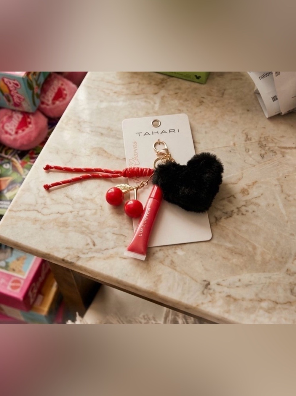 Tahari Red Lip Gloss Charm Keychain with Black Heart Pom